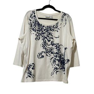Weekends by Chico’s size 3 cream with navy print rhinestones 3/4 sleeve top